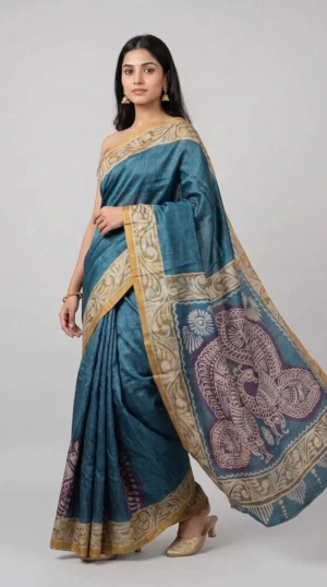 Peacock Blue Pure Tussar Silk Saree with Batik and Kantha Detailing | 2025 Nams Design Exclusive