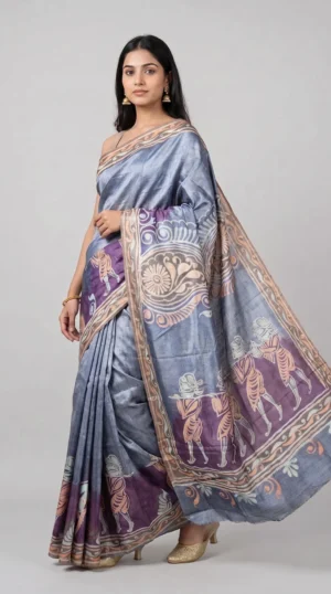 Serene Blue Pure Tussar Silk Saree with Katha Embroidery on Batik Print | 2025