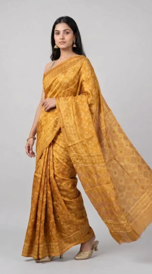 Radiant Yellow Tussar Silk Saree with Kantha Lattice Work | 2025 Fusion Fiesta Collection