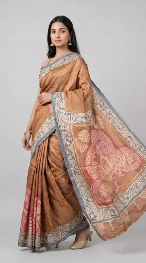 Earthy Brown Pure Tussar Silk Saree with Batik and Kantha Detailing | 2025 Nams Design Exclusive