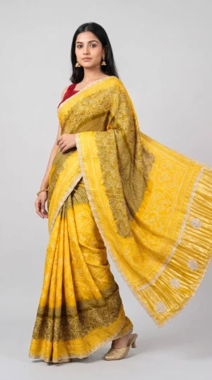 Duo-toned Yellow and Green Contemporary Designer Saree with Bandhej & Stone Work | 2025 Winter Festive
