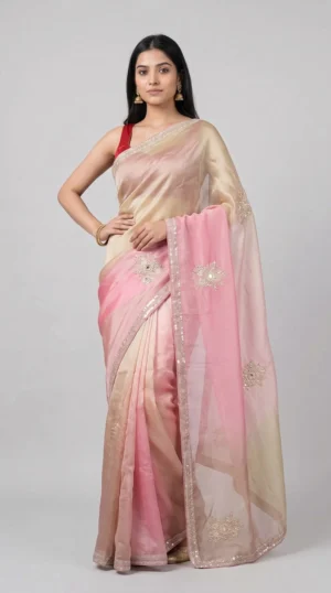 Ombre Gold and Pink Designer Organza Saree with Sequin Embellishments | 2025 Winter Festive