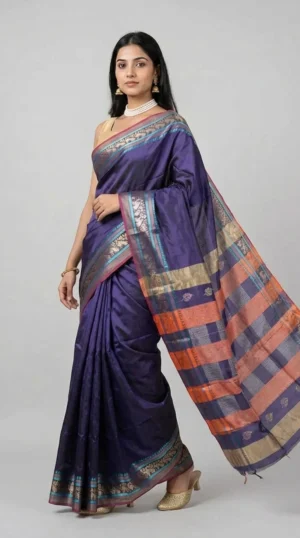 Purple Pure Katan Silk Saree with Bright Orange and Zari Woven Pallu | 2025