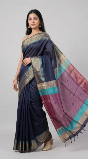 Deep Blue Pure Bishnupuri Katan Silk Saree with Rich Wine and Teal Pallu | 2025