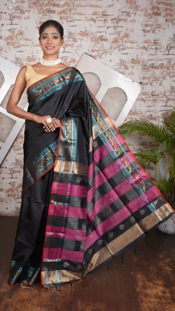 Elegant Black Katan Silk Saree with Deep Pink and Zari Woven Pallu