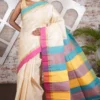 Off-White Pure Tussar Silk Saree with Bold Duo-Toned Stripes | 2025