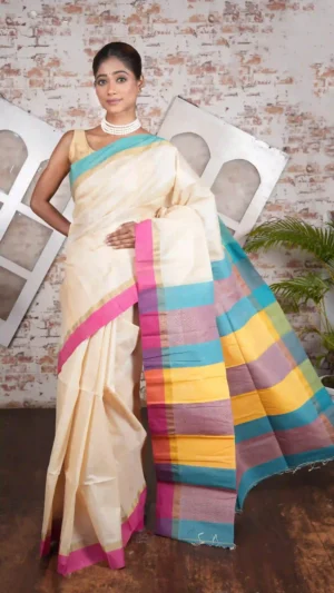 Off-White Pure Tussar Silk Saree with Bold Duo-Toned Stripes | 2025