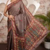 Deep Brown Pure Tussar Silk Saree with Gujarati Embroidery