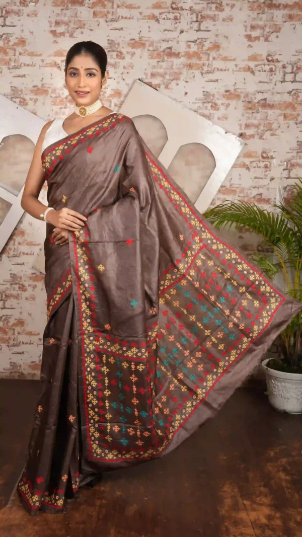 Deep Brown Pure Tussar Silk Saree with Gujarati Embroidery