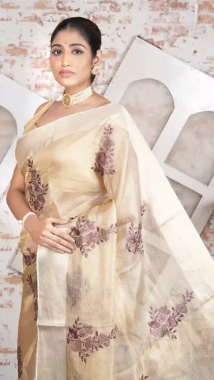 Champagne Gold Kosa Tussar Silk Saree with Purple Floral Embroidery | 2025 Nams Design Exclusive
