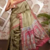 Dual-Tone Olive Green Pure Tussar Silk Saree with Hand-Painted Artistry and Checkered Zari | 2025 Nams Design Exclusive