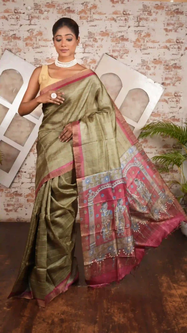 Dual-Tone Olive Green Pure Tussar Silk Saree with Hand-Painted Artistry and Checkered Zari | 2025 Nams Design Exclusive
