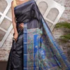 Black Pure Tussar Silk Saree with Hand-Painted Artistry and Checkered Zari | 2025 Nams Design Exclusive