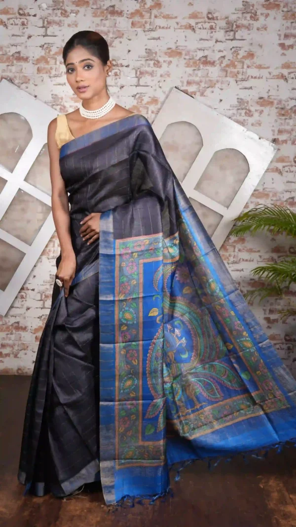 Black Pure Tussar Silk Saree with Hand-Painted Artistry and Checkered Zari | 2025 Nams Design Exclusive