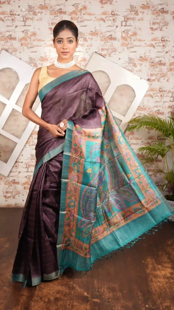 Elegant Brown Pure Tussar Silk Saree with Hand-Painted Artistry and Checkered Zari | 2025 Nams Design Exclusive