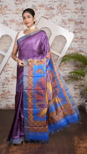 Regal Purple Pure Tussar Silk Saree with Hand-Painted Artistry and Checkered Zari | 2025 Nams Design Exclusive