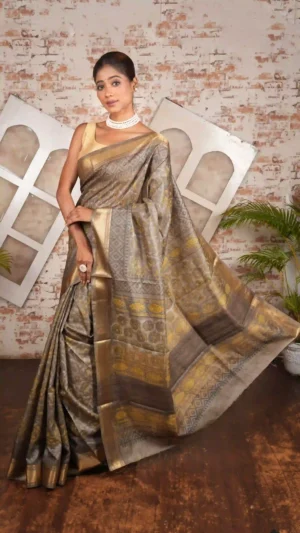 Smoke Grey Pure Tussar Silk Saree with Bagru Block Print and Zari Border | 2025 Nams Design Exclusive