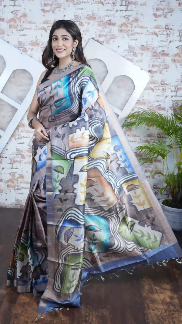 Artistic Grey Hand-Painted Pure Tussar Silk Saree | 2025 Nams Design Exclusive