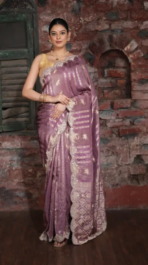 Stripes of Purple Designer Saree with Kundan Stone Work & Scalloped Border | 2025 Winter Festive