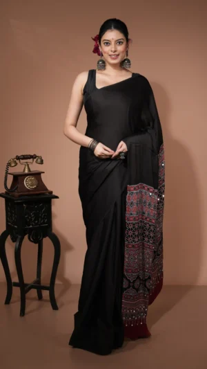 Black Modal Silk Saree with Ajrakh Motifs on Red and Jalna Mirror Work | 2025 Winter Festive