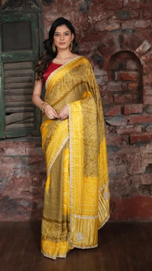 Duo-toned Yellow and Green Contemporary Designer Saree with Bandhej & Stone Work | 2025 Winter Festive
