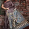 Deep Brown Pure Tussar Silk Saree with Hand-Painted Art and Zari Weave