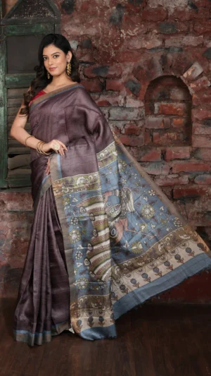 Deep Brown Pure Tussar Silk Saree with Hand-Painted Art and Zari Weave