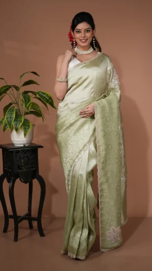 Pastel Green Contemporary Designer Saree with Floral Stone Work | 2025 Festive Collection