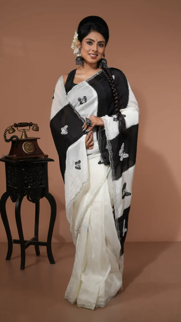 Black and White Designer Organza Saree with Butterfly Stone Work | 2025 Winter Festive