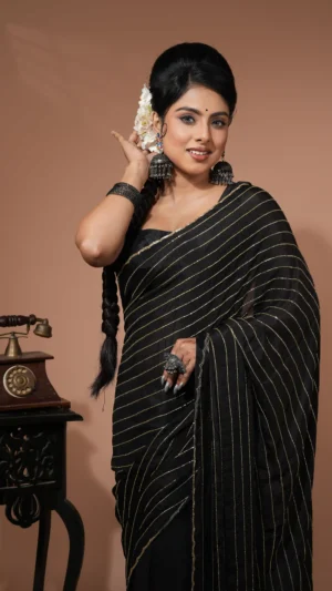 Black Designer Chinnon Saree with Stone Embellishments | 2025 Winter Festive