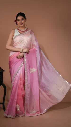 Shades of Pink Ombre Designer Organza Saree with Sequin Embellishments | 2025 Winter Festive