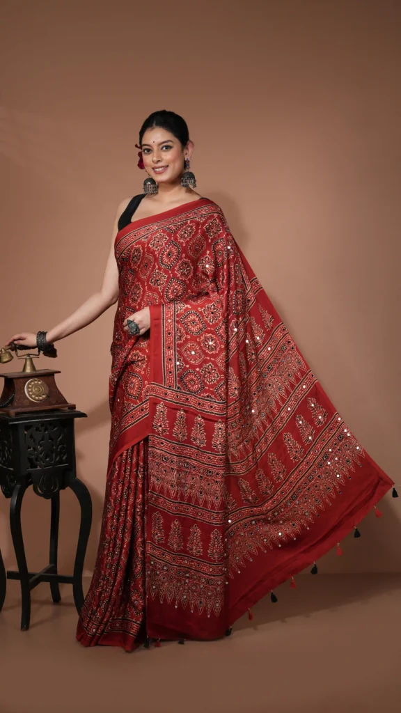 Maroon Silk Saree with Ajrakh Motifs and Mirror Work | 2025 Winter Festuve