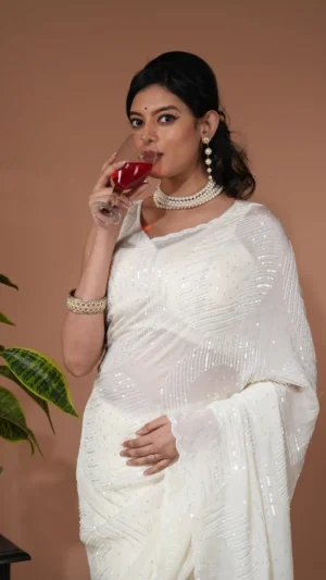 Elegant White Designer Organza Saree with Stone Work