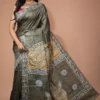 Olive Green Pure Tussar Silk Saree with Batik and Kantha Detailing | 2025 Nams Design Exclusive