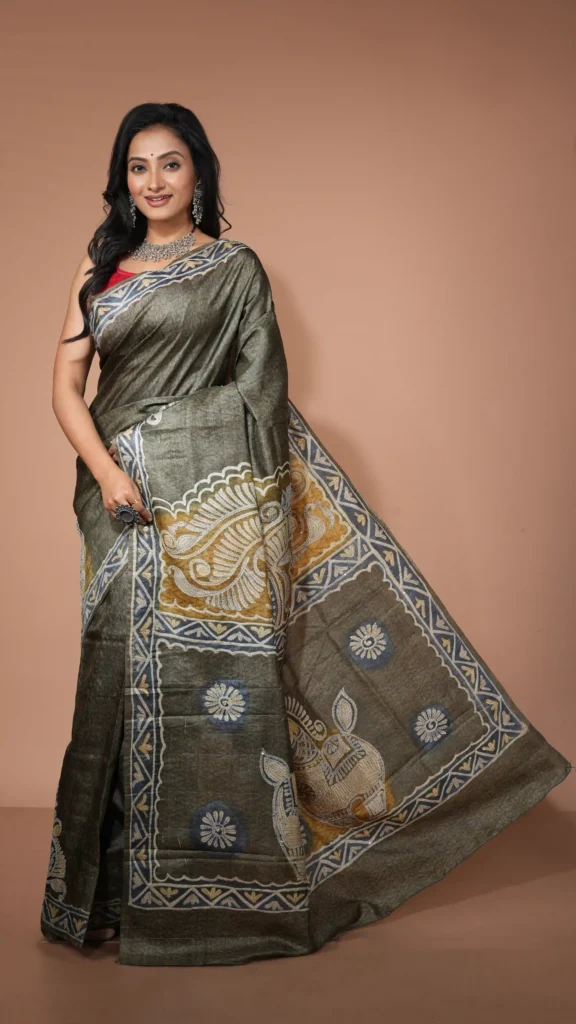 Olive Green Pure Tussar Silk Saree with Batik and Kantha Detailing | 2025 Nams Design Exclusive