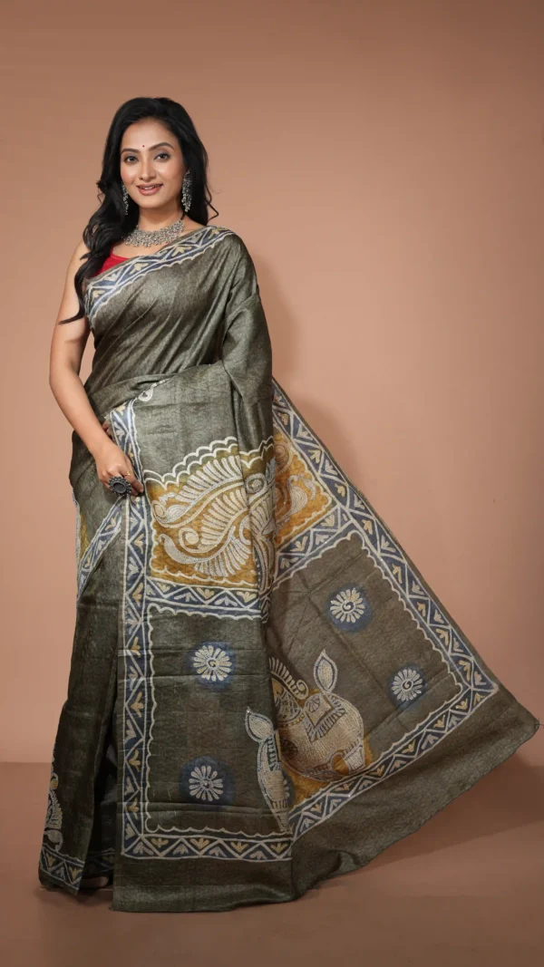 Olive Green Pure Tussar Silk Saree with Batik and Kantha Detailing | 2025 Nams Design Exclusive