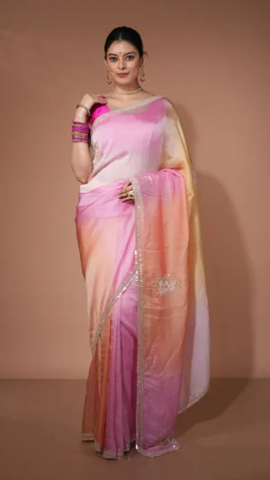 Ombre Peach and Pink Designer Organza Saree with Sequin Embellishments | 2025 Winter Festive