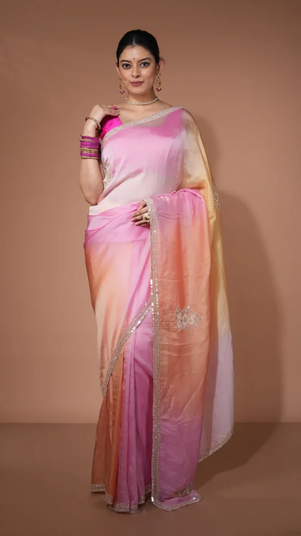 Ombre Peach and Pink Designer Organza Saree with Sequin Embellishments | 2025 Winter Festive