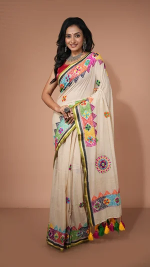 White Contemporary Cotton Silk Saree with Vibrant Multicolor Lambani Embroidery | 2025