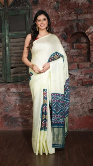 Off-White Borderless Saree with Rajkot Motifs in Blue & Zari Pallu | 2025 Winter Festive