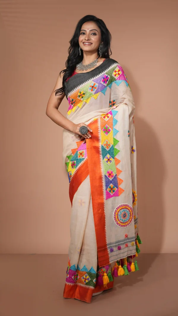 Off-white Pure Cotton Saree with Vibrant Multicolor Lambani Embroidery