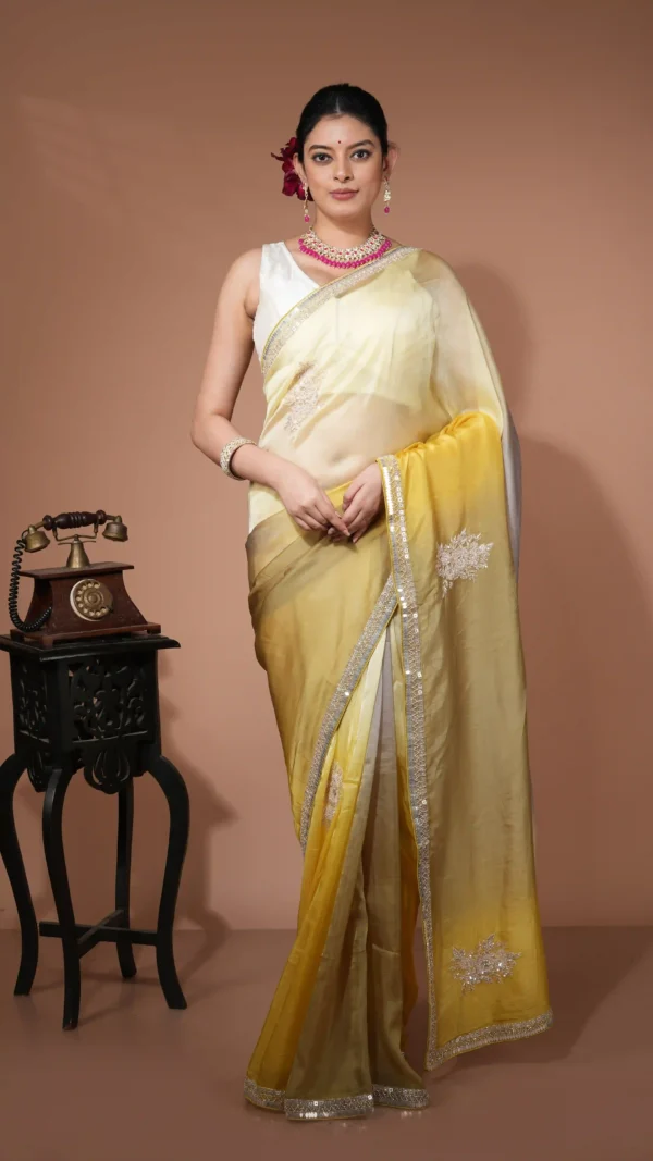 Ombre Green and Yellow Designer Organza Saree with Sequin Embellishments | 2025 Winter Festive