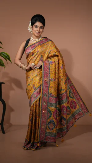 Chrome Yellow Designer Saree with Kani Motifs, Stone & Zari Detailing | 2025 Winter Festive