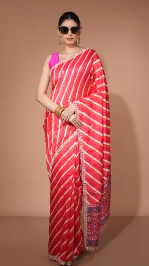 Vibrant Orange Designer Lahariya Organza Saree | 2025 Winter Festive