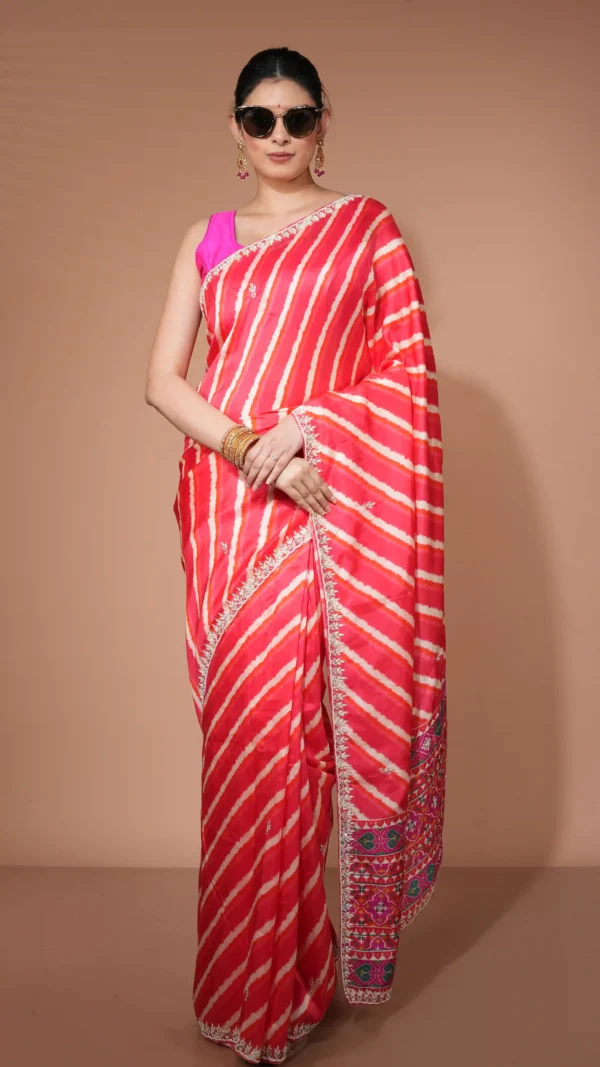 Vibrant Orange Designer Lahariya Organza Saree | 2025 Winter Festive