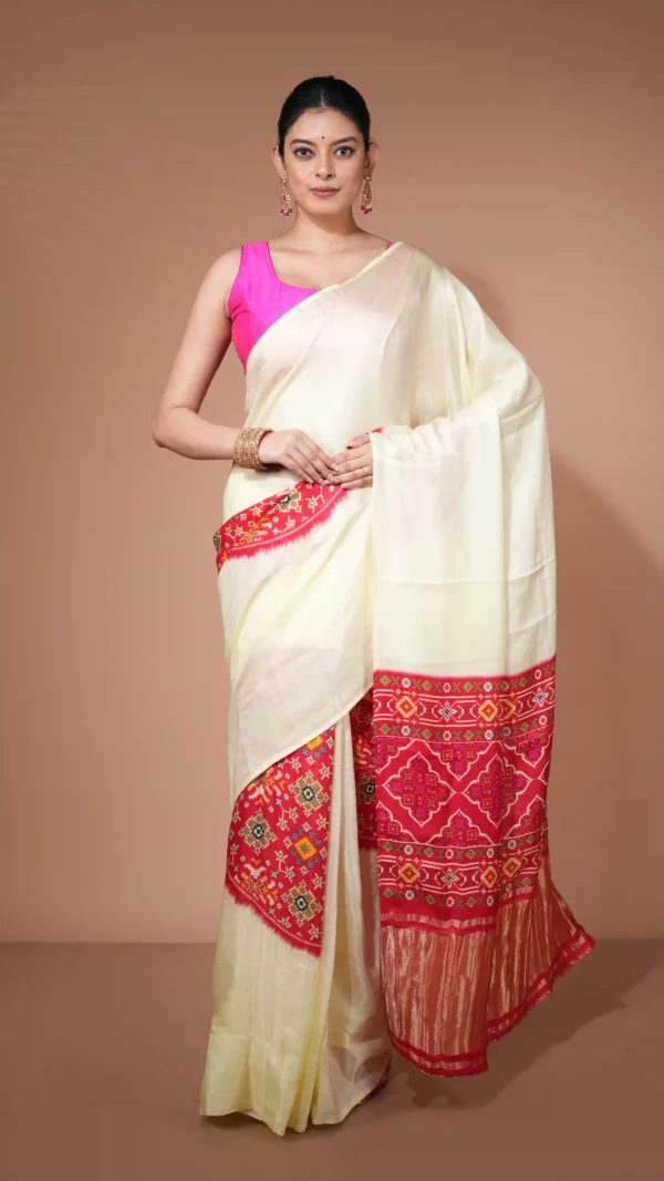 Off-White Borderless Saree with Bright Red Rajkot Motifs & Zari Pallu | 2025 Winter Festive