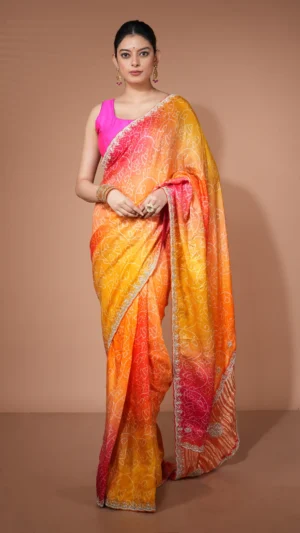 Sunset Orange Contemporary Designer Saree with Bandhej & Stone Work | 2025 Festive Collection