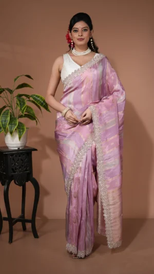 Stripes of Pink Designer Saree with Kundan Stone Work & Scalloped Border | 2025 Winter Festive