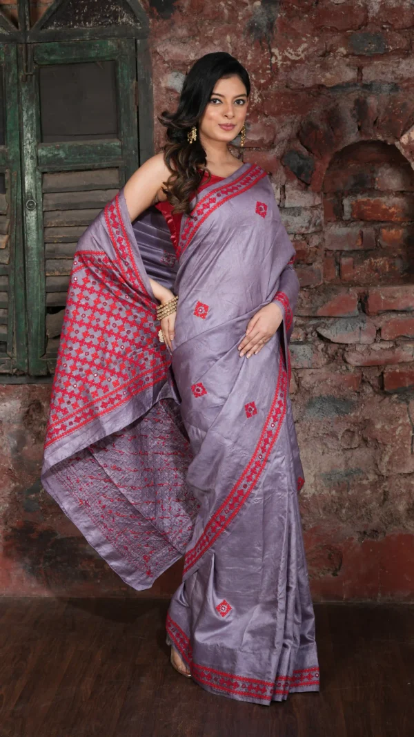 Deep Lilac Pure Tussar Silk Saree with Bold Red Gujarati Mirror Work | 2025