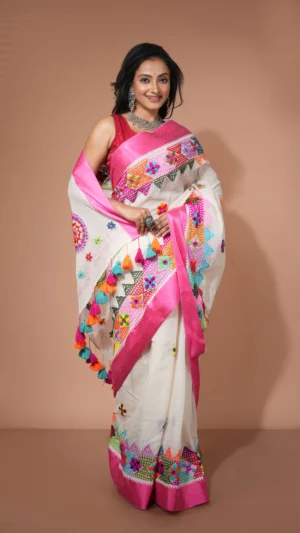 White Pure Cotton Saree with Vibrant Multicolor Lambani Embroidery | 2025